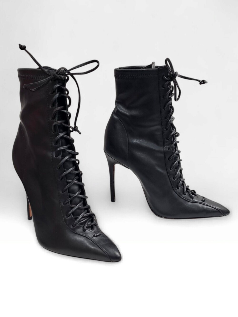 SCHUTZ Tennie Women Black Leather Pointed Toe Lace-Up Stiletto Boots 6.5B